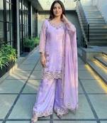 Lavender silk blend embroidered palazzo set