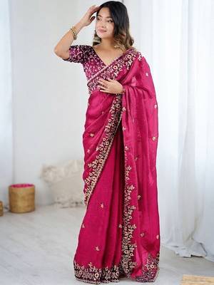 Pink jimmy choo zari butti work embellished wedding wear saree 1