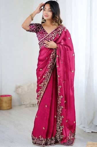 Pink jimmy choo zari butti work embellished wedding wear saree