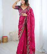 Pink jimmy choo zari butti work embellished wedding wear saree