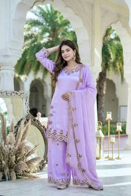 Lavender silk blend embroidered palazzo set 2