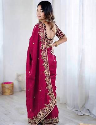Pink jimmy choo zari butti work embellished wedding wear saree 2