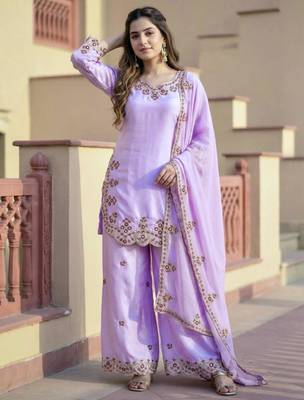 Lavender silk blend embroidered palazzo set 3