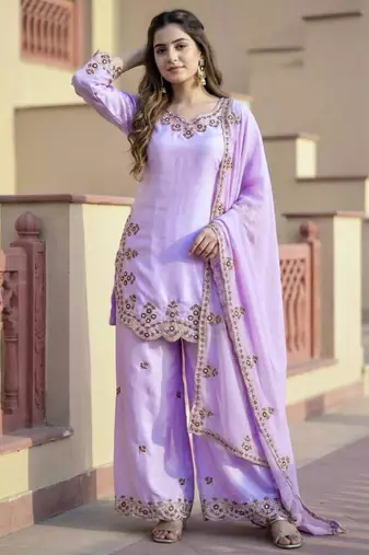 Lavender silk blend embroidered palazzo set