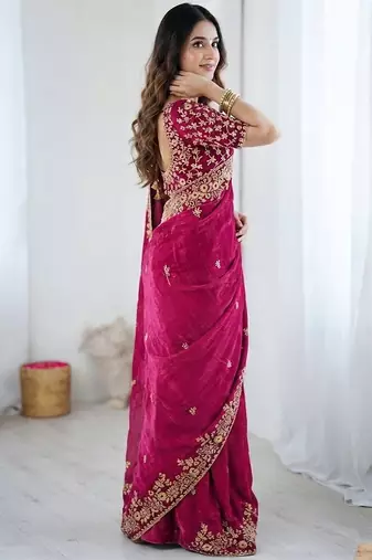 Pink jimmy choo zari butti work embellished wedding wear saree