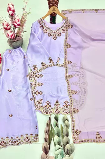 Lavender silk blend embroidered palazzo set