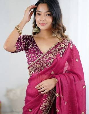 Pink jimmy choo zari butti work embellished wedding wear saree 4