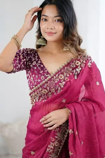 Pink jimmy choo zari butti work embellished wedding wear saree