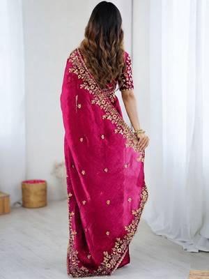 Pink jimmy choo zari butti work embellished wedding wear saree 5