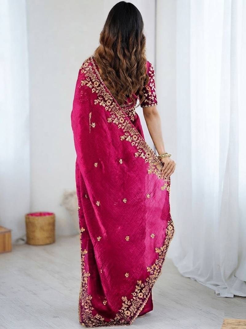 Pink jimmy choo zari butti work embellished wedding wear saree