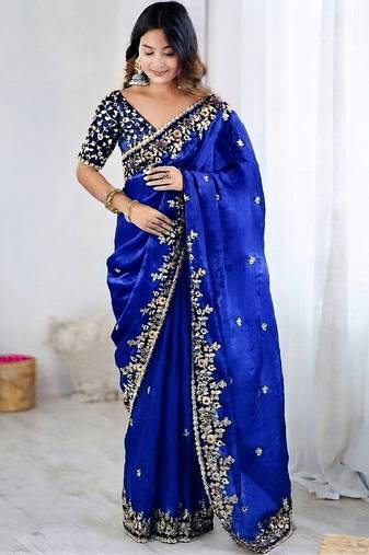 Royal blue jimmy choo zari butti work embellished wedding wear saree
