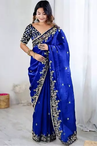 Royal blue jimmy choo zari butti work embellished wedding wear saree
