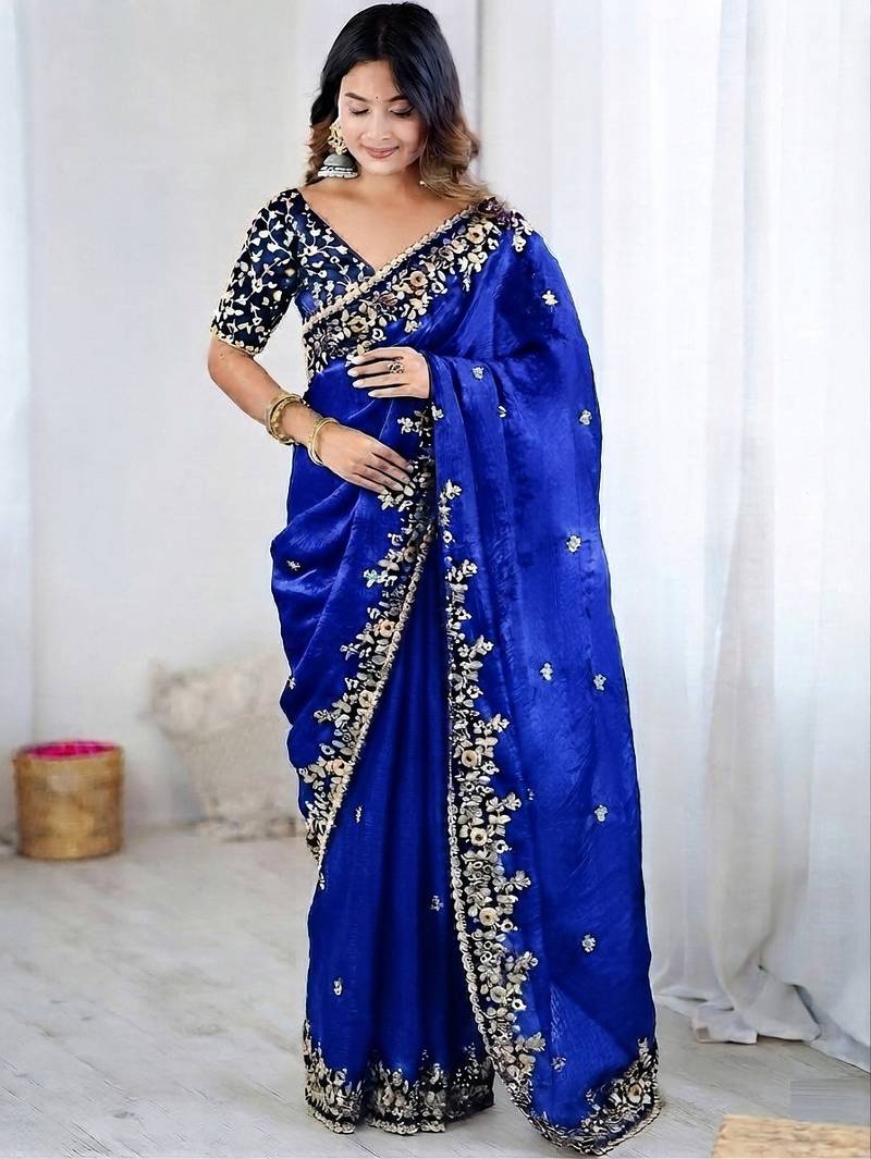 Royal blue jimmy choo zari butti work embellished wedding wear saree