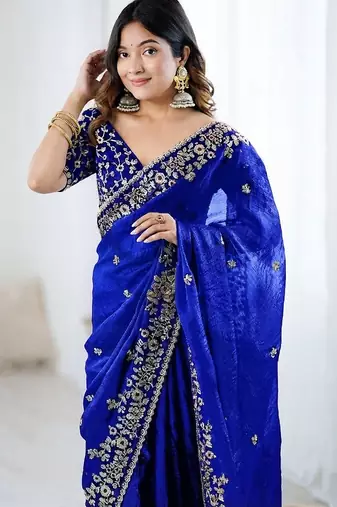 Royal blue jimmy choo zari butti work embellished wedding wear saree