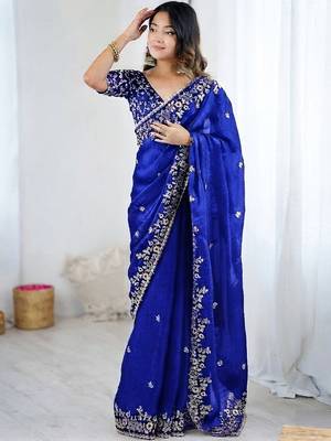 Royal blue jimmy choo zari butti work embellished wedding wear saree 4