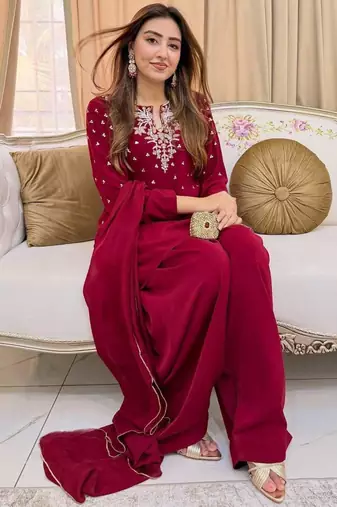 Red crepe embroidered farshi salwar set