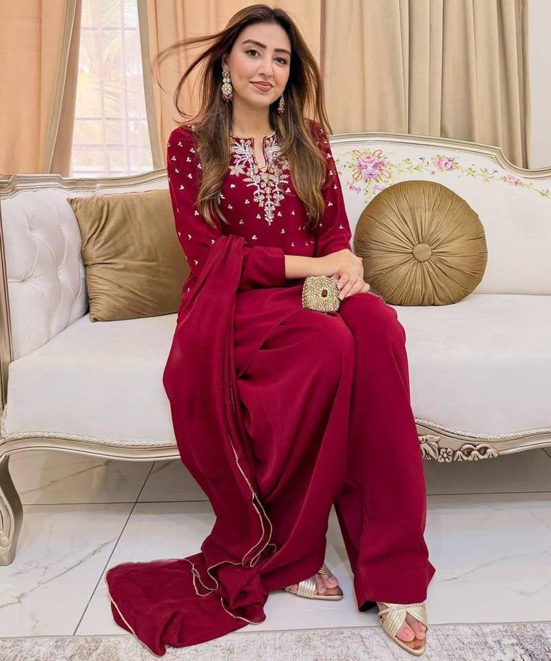 Red crepe embroidered farshi salwar set