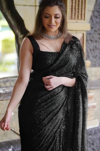 black pure georgette embellished sequinned party wear saree