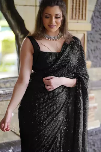 black pure georgette embellished sequinned party wear saree