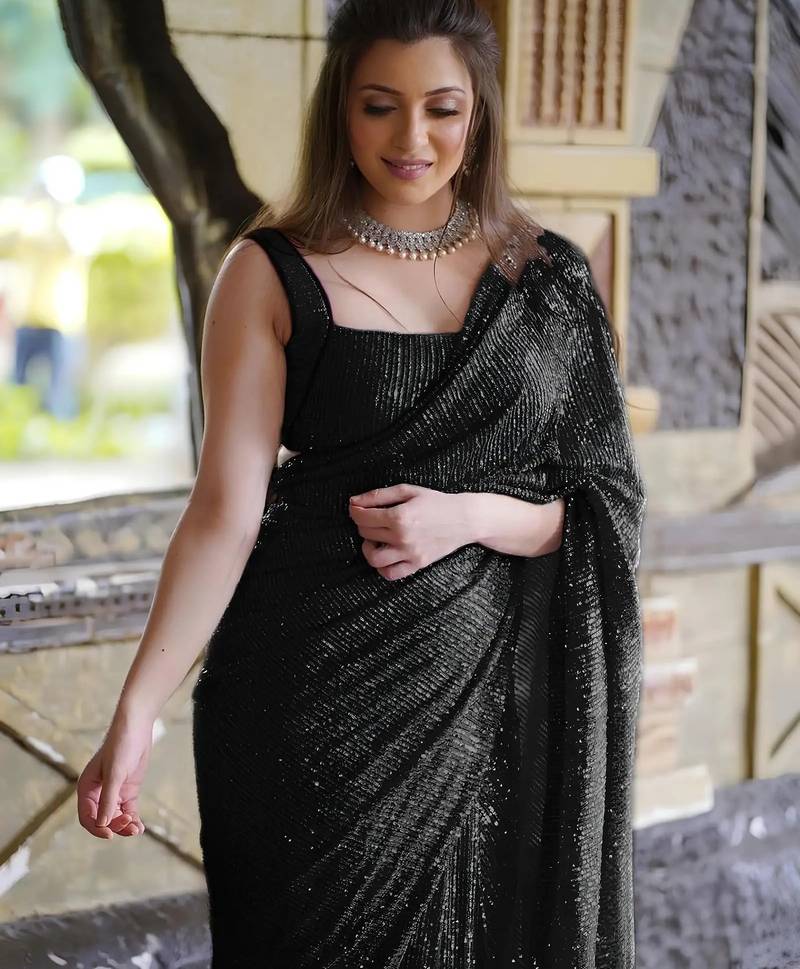 black pure georgette embellished sequinned party wear saree