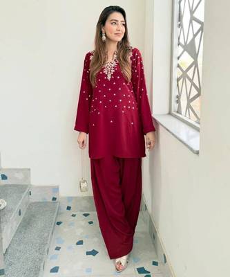 Red crepe embroidered farshi salwar set 2