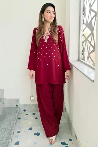Red crepe embroidered farshi salwar set
