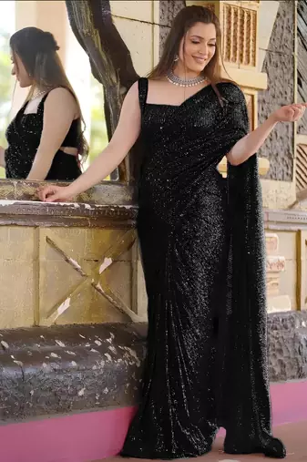 black pure georgette embellished sequinned party wear saree