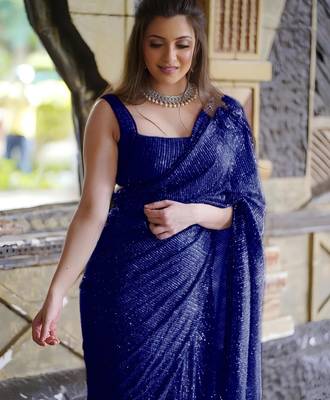 blue pure georgette embellished sequinned party wear saree 1