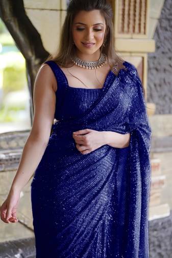 blue pure georgette embellished sequinned party wear saree