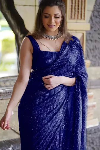 blue pure georgette embellished sequinned party wear saree