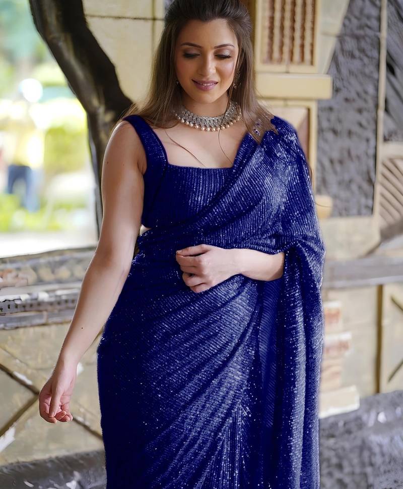 blue pure georgette embellished sequinned party wear saree