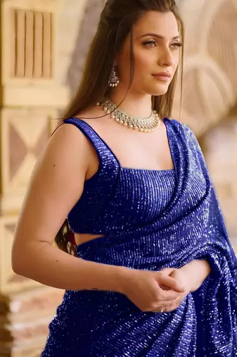 blue pure georgette embellished sequinned party wear saree