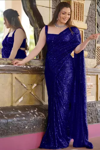 blue pure georgette embellished sequinned party wear saree
