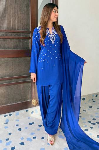 Royal-blue crepe embroidered farshi salwar set