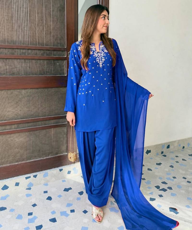 Royal-blue crepe embroidered farshi salwar set