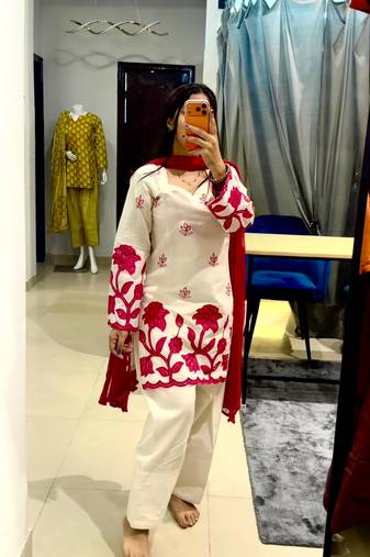 Off-white cotton poly embroidered kurta set