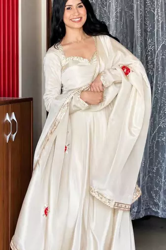 White silk blend embroidered anarkali set