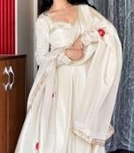 White silk blend embroidered anarkali set