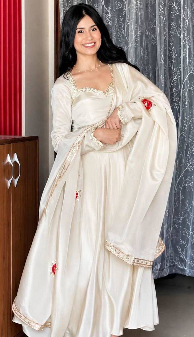 White silk blend embroidered anarkali set