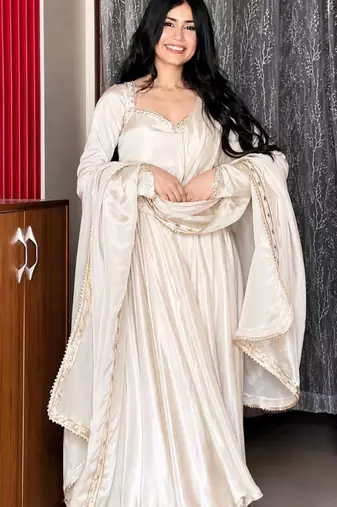 White silk blend embroidered anarkali set