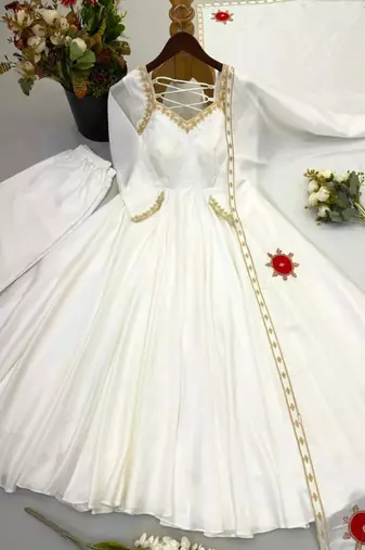 White silk blend embroidered anarkali set