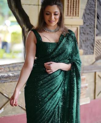 green pure georgette embellished sequinned party wear saree 1
