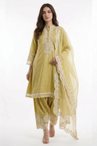 Gold silk blend embroidered farshi salwar set