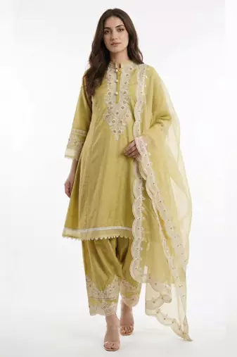 Gold silk blend embroidered farshi salwar set
