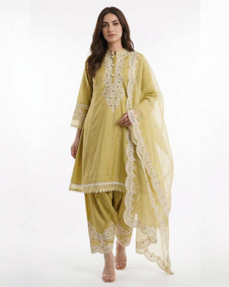 Gold silk blend embroidered farshi salwar set