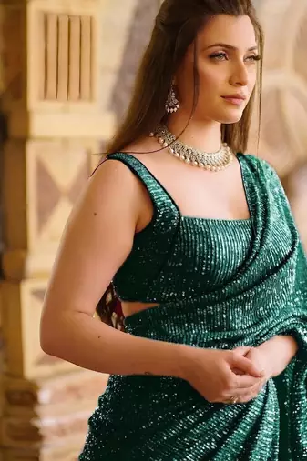 green pure georgette embellished sequinned party wear saree