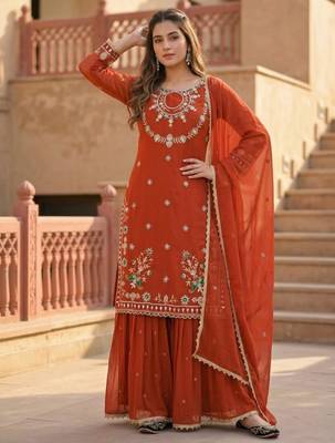 Dark-orange faux georgette embroidered palazzo set 1