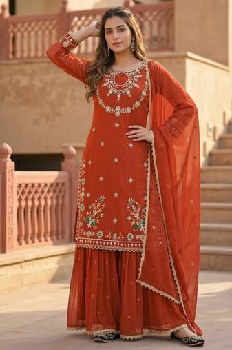 Dark-orange faux georgette embroidered palazzo set