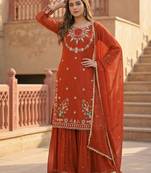 Dark-orange faux georgette embroidered palazzo set