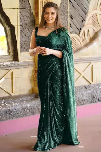 green pure georgette embellished sequinned party wear saree
